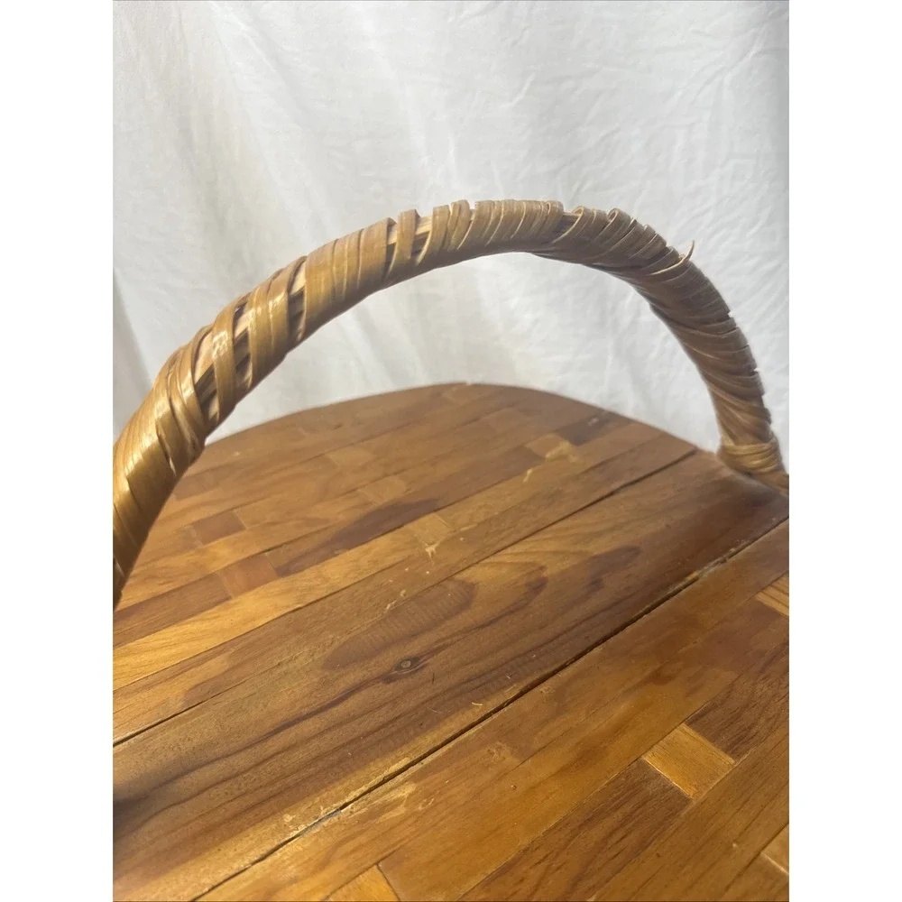 Vintage MCM Woven Split Wicker Rattan Wooden Flip Top Picnic Basket Travel Food
